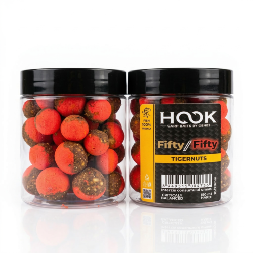 Boilies critic echilibrat tip halves Fifty-Fifty 16/20mm. Aromă naturală și dulce de Tigernuts (Alune Tigrate). Prezentare perfectă pentru Crap și Amur.
