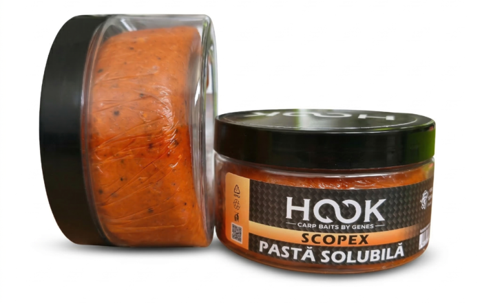 Pastă solubilă Scopex la borcan 350ml. Aromă dulce-cremoasă legendară, ideală pentru Crap și Amur. Îmbracă momeala pentru o atracție explozivă pe orice apă!