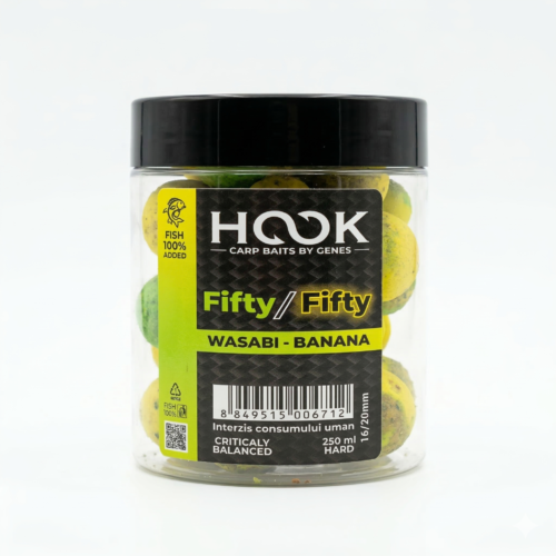 Boilies critic echilibrat tip halves Fifty-Fifty 16/20mm. Aromă letală Wasabi & Banana (Dulce-Picant). Anulează greutatea cârligului. Prezentare perfectă!