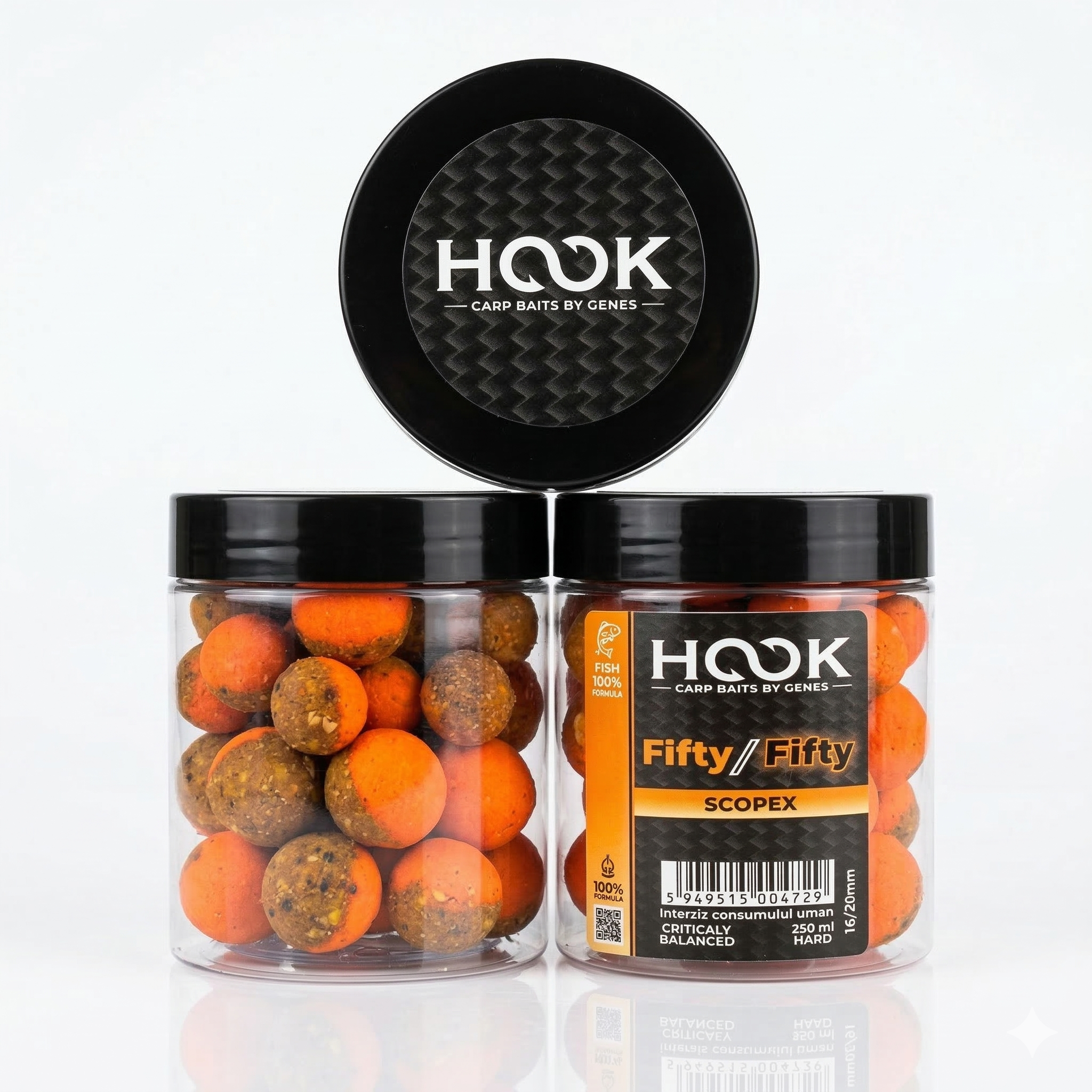 Boilies critic echilibrat tip halves Fifty-Fifty 16/20mm. Aroma clasică dulce-cremoasă de Scopex. Mecanică perfectă și atracție vizuală pentru Crap și Amur.