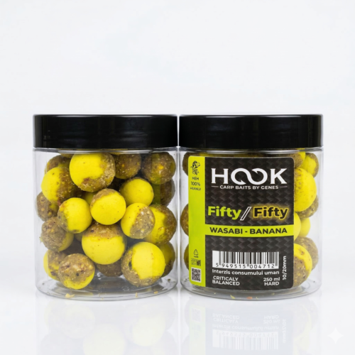 Boilies critic echilibrat tip halves Fifty-Fifty 16/20mm. Aromă letală Wasabi & Banana (Dulce-Picant). Anulează greutatea cârligului. Prezentare perfectă!