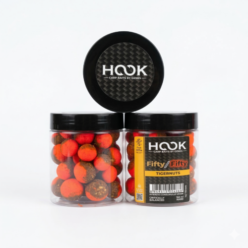 Boilies critic echilibrat tip halves Fifty-Fifty 16/20mm. Aromă naturală și dulce de Tigernuts (Alune Tigrate). Prezentare perfectă pentru Crap și Amur.
